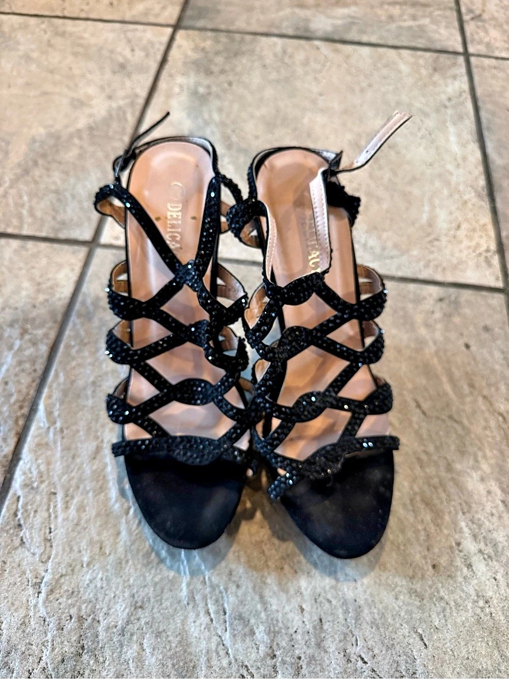 Delicacy Strappy Rhinestone Heels in Black